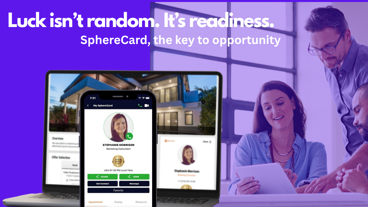 Co-workers are looking at a tablet reviewing the SphereCard of a professional profile.