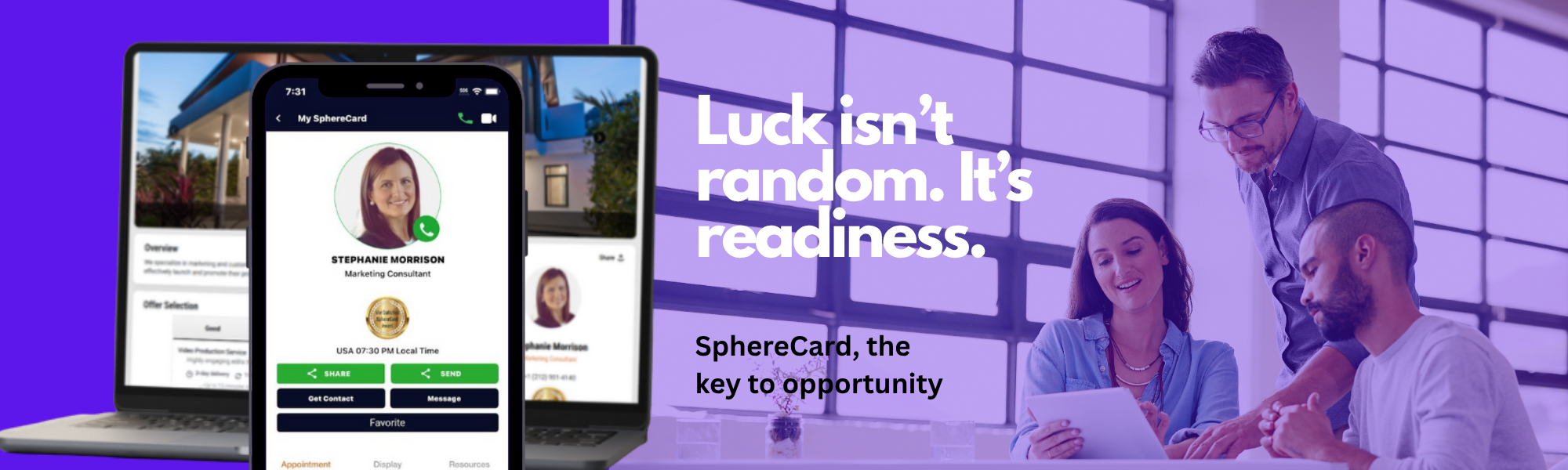 Co-workers looking at a tablet reviewing the SphereCard of professional profile.