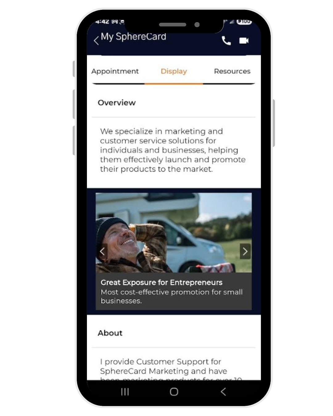Example of SphereCard scrollable display on mobile app