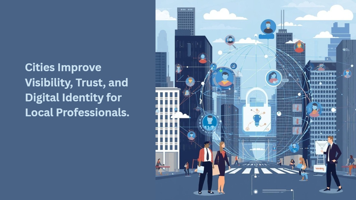 Urban scene with digital connectivity theme.