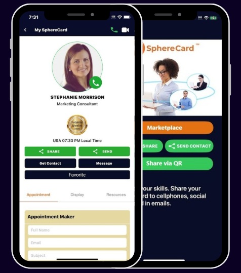 The SphereCard app is displaying easy sharing options.
